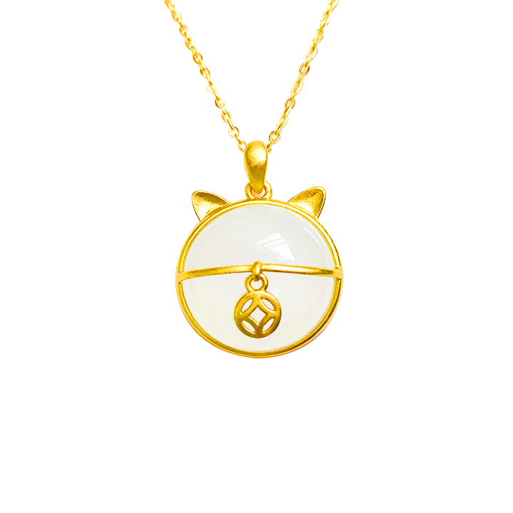 Cat Jade and Gold Pendant Necklace