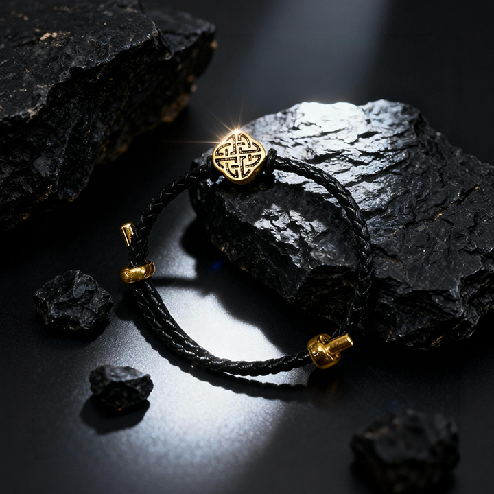 Akashagarbha Courage & Wisdom Black-Gold Leather Bracelet